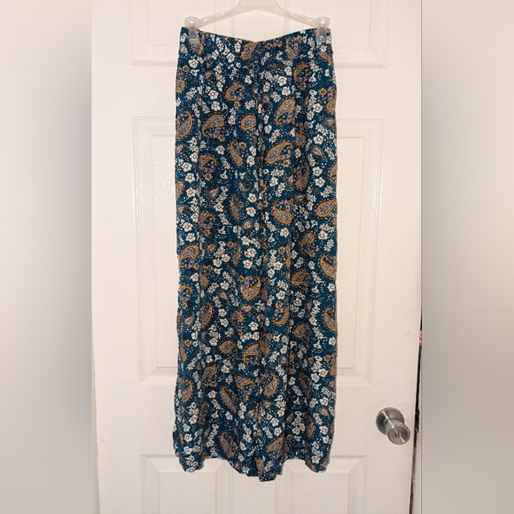 Navy Blue Wide Leg Pants with Vibrant Floral Print - Picture 2 of 3